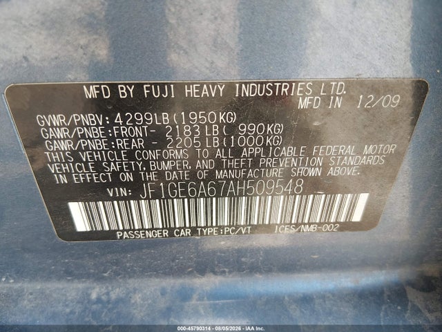 Продажа на аукционе авто 2010 Subaru Impreza 2.5i, vin: JF1GE6A67AH509548, номер лота: 45790314