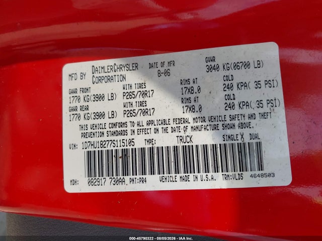 Продаж на аукціоні авто 2007 Dodge Ram 1500 Laramie, vin: 1D7HU18277S115105, номер лоту: 45790322