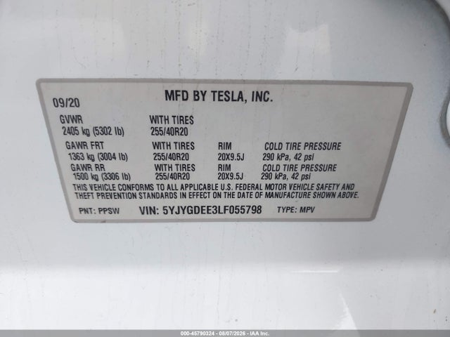 45790324 :رقم المزاد ، 5YJYGDEE3LF055798 vin ، 2020 Tesla Model Y Long Range Dual Motor All-wheel Drive مزاد بيع