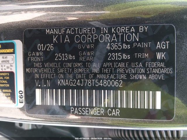 KNAG24J78T5480062 KIA K5 Lxs Fwd