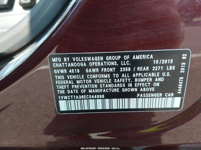 2014 Volkswagen Passat 1.8t Sel Premium მანქანა იყიდება აუქციონზე, vin: 1VWCT7A36EC044996, აუქციონის ნომერი: 45790350