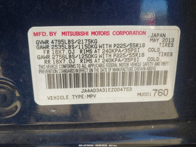 45790354 :رقم المزاد ، JA4AD3A31EZ004753 vin ، 2014 Mitsubishi Outlander Se مزاد بيع