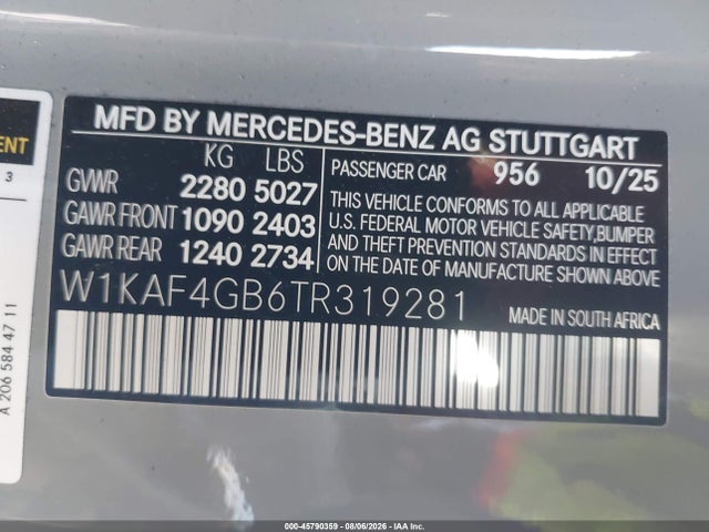 Aukcja sprzedaży 2026 Mercedes-benz C 300, vin: W1KAF4GB6TR319281, numer aukcji: 45790359