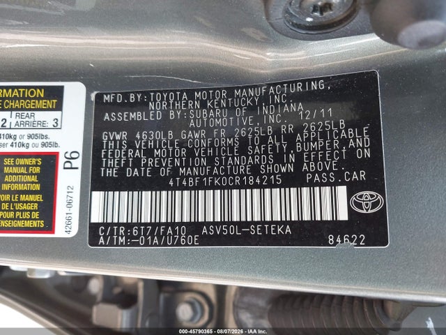 Продаж на аукціоні авто 2012 Toyota Camry L, vin: 4T4BF1FK0CR184215, номер лоту: 45790365