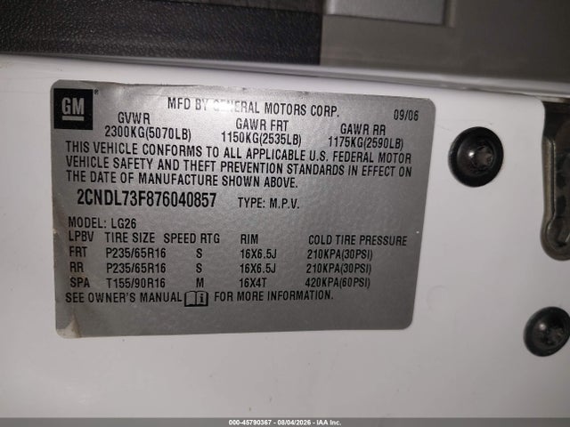 Продаж на аукціоні авто 2007 Chevrolet Equinox Lt, vin: 2CNDL73F876040857, номер лоту: 45790367