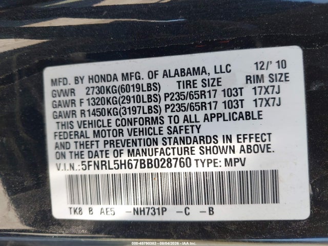 Aukcja sprzedaży 2011 Honda Odyssey Ex-l, vin: 5FNRL5H67BB028760, numer aukcji: 45790382