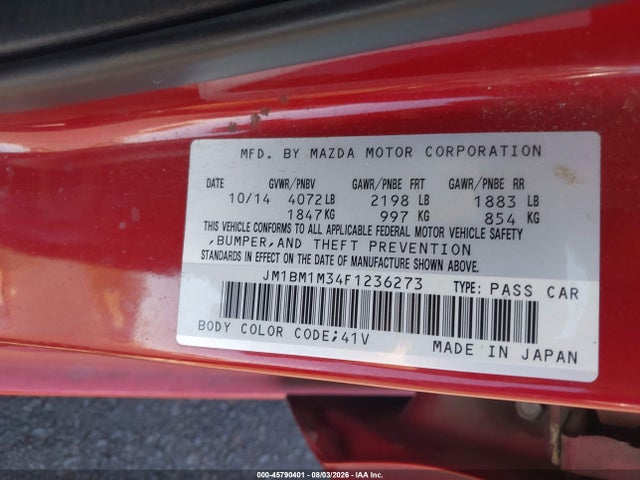 45790401 :رقم المزاد ، JM1BM1M34F1236273 vin ، 2015 Mazda Mazda3 S Grand Touring مزاد بيع