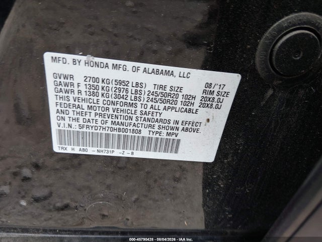 45790428 :رقم المزاد ، 5FRYD7H70HB001808 vin ، 2017 Acura Mdx Sport Hybrid Advance Package مزاد بيع