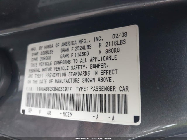 45790440 :رقم المزاد ، 19UUA662X8A034917 vin ، 2008 Acura Tl 3.2 مزاد بيع