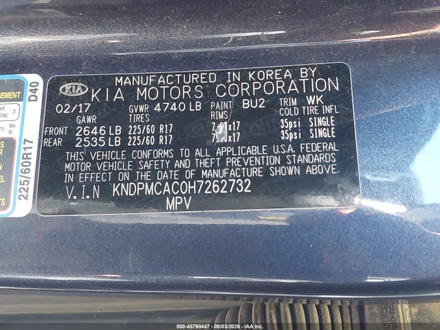 Продажа на аукционе авто 2017 Kia Sportage Lx, vin: KNDPMCAC0H7262732, номер лота: 45790447