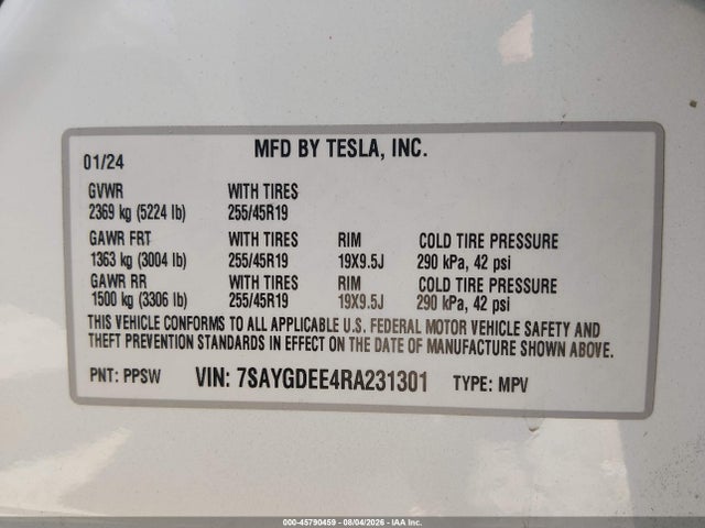 Aukcja sprzedaży 2024 Tesla Model Y Long Range Dual Motor All-wheel Drive, vin: 7SAYGDEE4RA231301, numer aukcji: 45790459