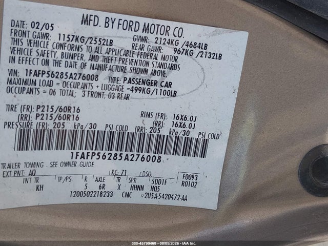Продажа на аукционе авто 2005 Ford Taurus Sel, vin: 1FAFP56285A276008, номер лота: 45790468