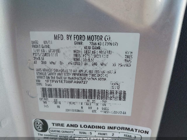 Продаж на аукціоні авто 2011 Ford F-150 Platinum, vin: 1FTFW1ET0BFA99727, номер лоту: 45790479