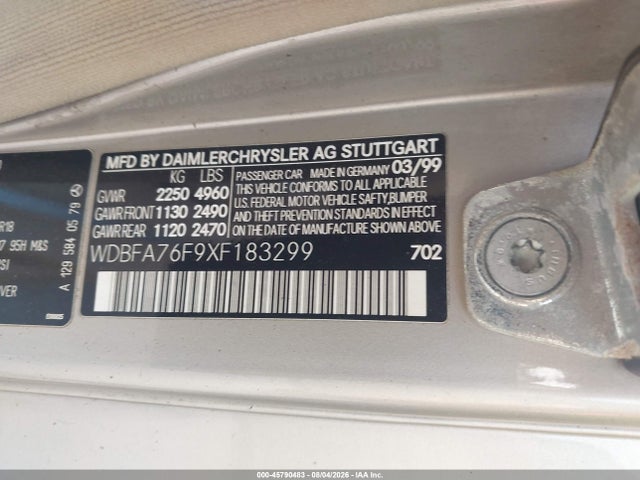 Aukcja sprzedaży 1999 Mercedes-benz Sl 600, vin: WDBFA76F9XF183299, numer aukcji: 45790483