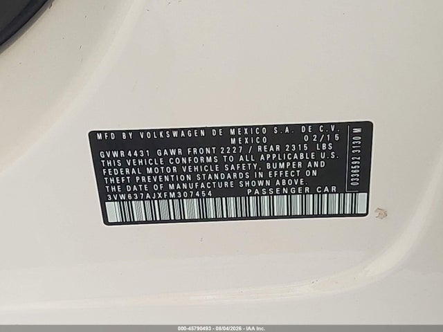 45790493 :رقم المزاد ، 3VW637AJXFM307454 vin ، 2015 Volkswagen Jetta Hybrid Sel Premium مزاد بيع