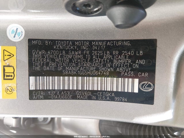 Aukcja sprzedaży 2017 Lexus Es 350, vin: 58ABK1GG5HU064748, numer aukcji: 45790502