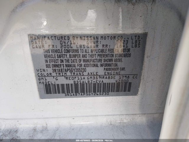 Aukcja sprzedaży 2016 Nissan Sentra Fe+ S/s/sl/sr/sv, vin: 3N1AB7AP5GY265230, numer aukcji: 45790503