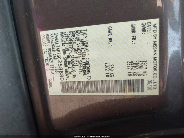1N4AL3AP7GC258880 Nissan Altima 2.5/2.5 S/2.5 Sl/2.5 Sr/2.5 Sv