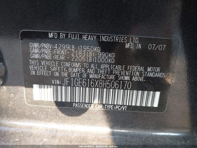 45790515 :رقم المزاد ، JF1GE616X8H506170 vin ، 2008 Subaru Impreza 2.5i مزاد بيع