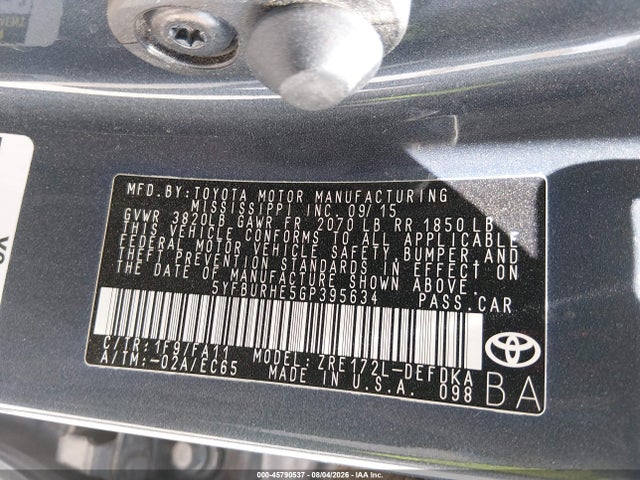 2016 Toyota Corolla L მანქანა იყიდება აუქციონზე, vin: 5YFBURHE5GP395634, აუქციონის ნომერი: 45790537