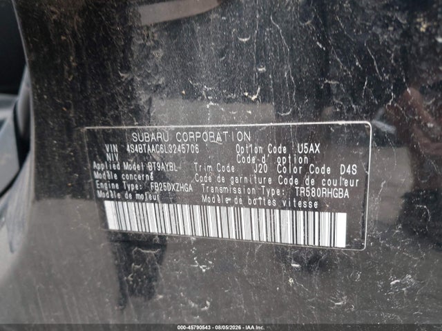 45790543 :رقم المزاد ، 4S4BTAAC6L3245706 vin ، 2020 Subaru Outback مزاد بيع