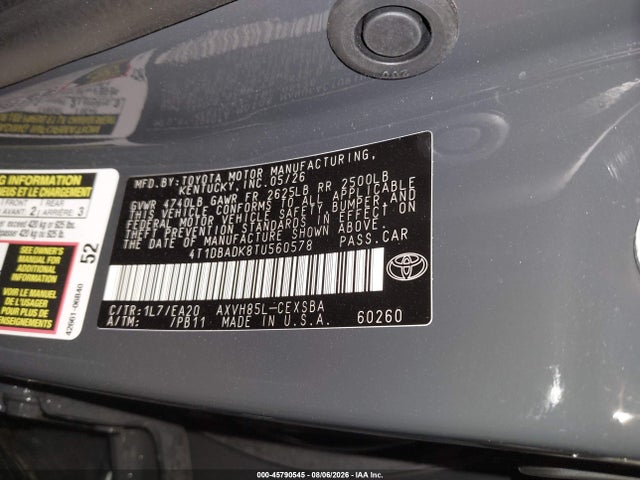 45790545 :رقم المزاد ، 4T1DBADK8TU560578 vin ، 2026 Toyota Camry Se مزاد بيع