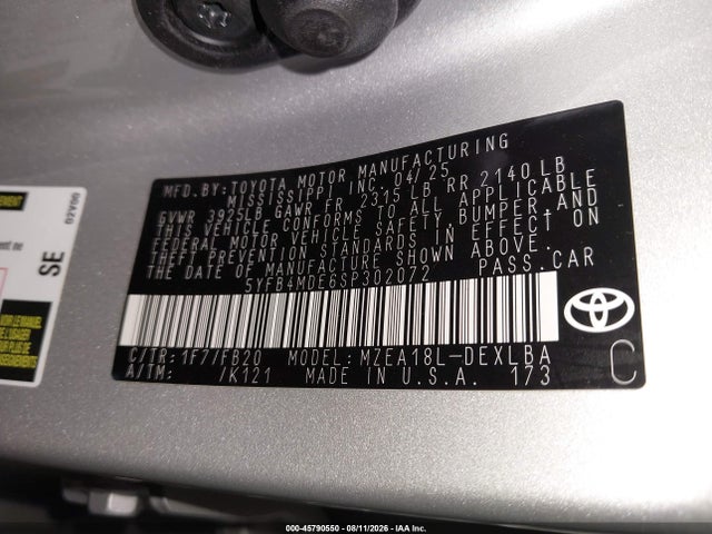 45790550 :رقم المزاد ، 5YFB4MDE6SP302072 vin ، 2025 Toyota Corolla Le مزاد بيع