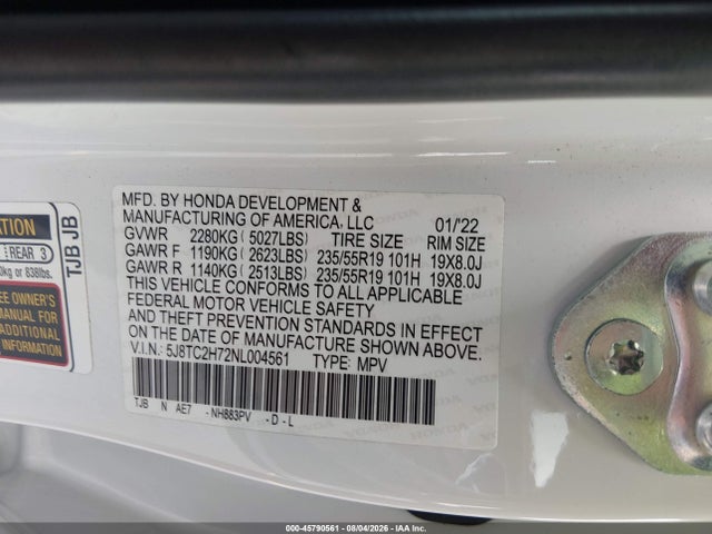 45790561 :رقم المزاد ، 5J8TC2H72NL004561 vin ، 2022 Acura Rdx Advance Package مزاد بيع
