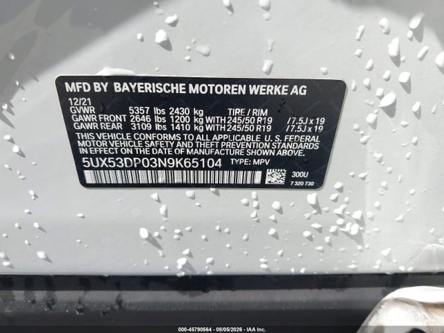 Aukcja sprzedaży 2022 Bmw X3 Xdrive30i, vin: 5UX53DP03N9K65104, numer aukcji: 45790564