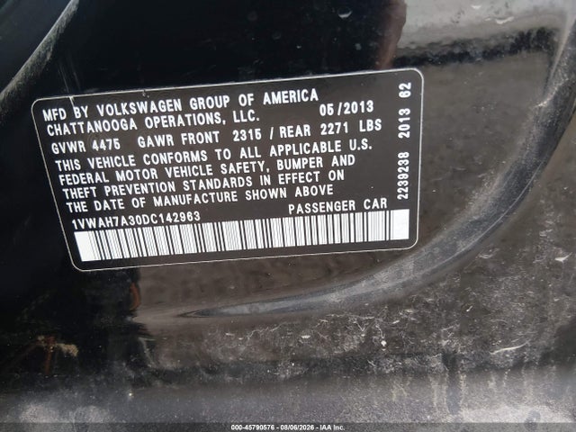 2013 Volkswagen Passat 2.5l Wolfsburg Edition მანქანა იყიდება აუქციონზე, vin: 1VWAH7A30DC142963, აუქციონის ნომერი: 45790576
