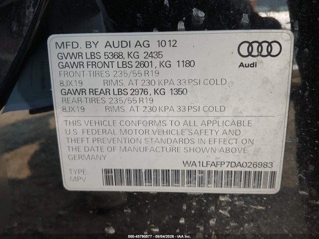 Продаж на аукціоні авто 2013 Audi Q5 2.0t Premium, vin: WA1LFAFP7DA026983, номер лоту: 45790577