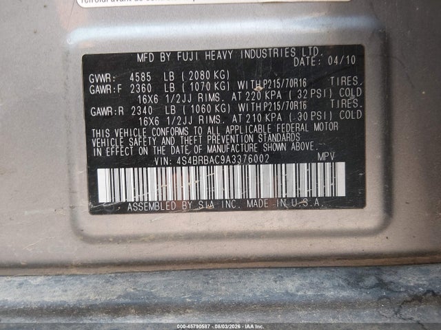 Aukcja sprzedaży 2010 Subaru Outback 2.5i, vin: 4S4BRBAC9A3376002, numer aukcji: 45790587