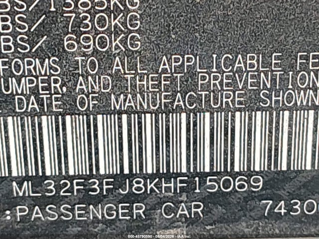 Auction sale of the 2019 Mitsubishi Mirage G4 Es, vin: ML32F3FJ8KHF15069, lot number: 45790590