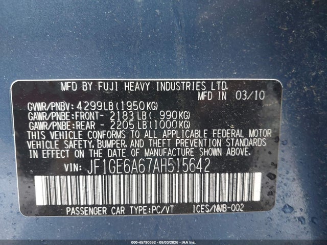 Продаж на аукціоні авто 2010 Subaru Impreza 2.5i, vin: JF1GE6A67AH515642, номер лоту: 45790592