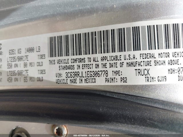 45790594 :رقم المزاد ، 3C63RRJL1EG306778 vin ، 2014 Ram 3500 Laramie مزاد بيع