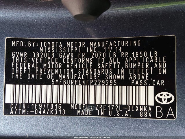 5YFBURHE4FP229295 Toyota COROLLA LE