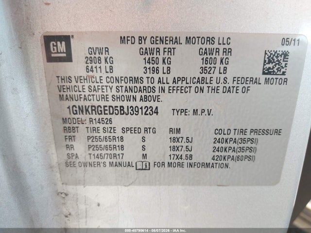 45790614 :رقم المزاد ، 1GNKRGED5BJ391234 vin ، 2011 Chevrolet Traverse Lt W/1lt مزاد بيع