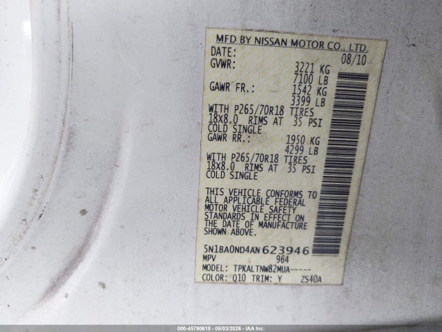 Продаж на аукціоні авто 2010 Nissan Armada Se, vin: 5N1BA0ND4AN623946, номер лоту: 45790618