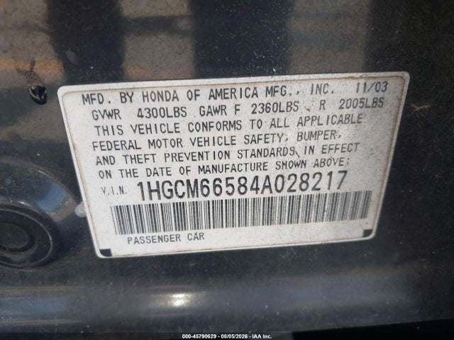 Aukcja sprzedaży 2004 Honda Accord 3.0 Ex, vin: 1HGCM66584A028217, numer aukcji: 45790629