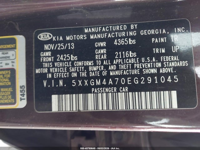 Aukcja sprzedaży 2014 Kia Optima Lx, vin: 5XXGM4A70EG291045, numer aukcji: 45790649