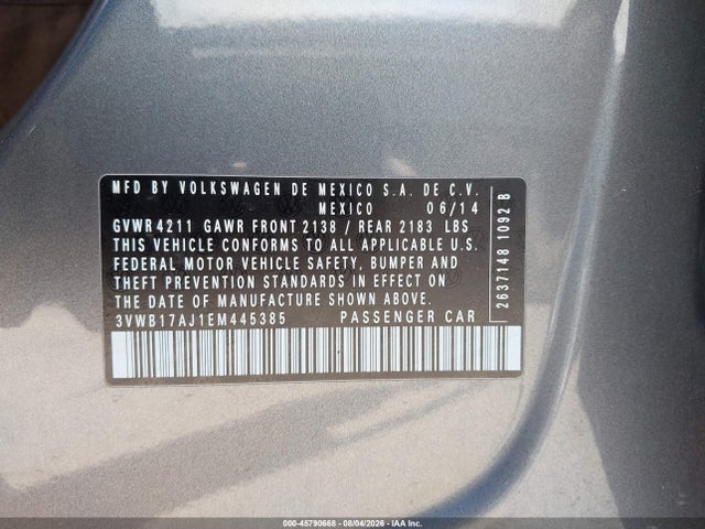 2014 Volkswagen Jetta 1.8t Se მანქანა იყიდება აუქციონზე, vin: 3VWB17AJ1EM445385, აუქციონის ნომერი: 45790668