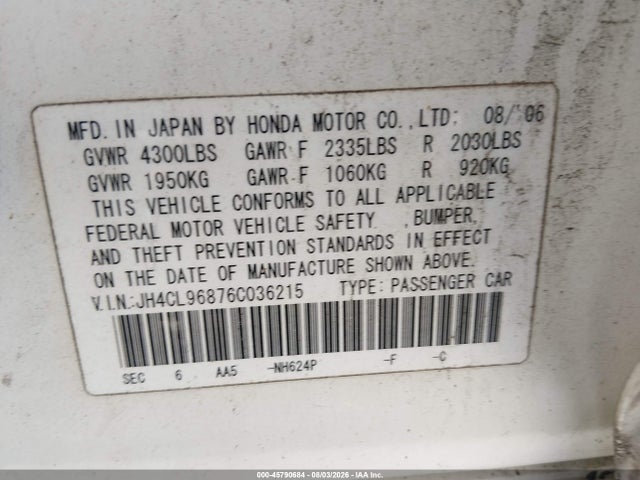 45790684 :رقم المزاد ، JH4CL96876C036215 vin ، 2006 Acura Tsx مزاد بيع