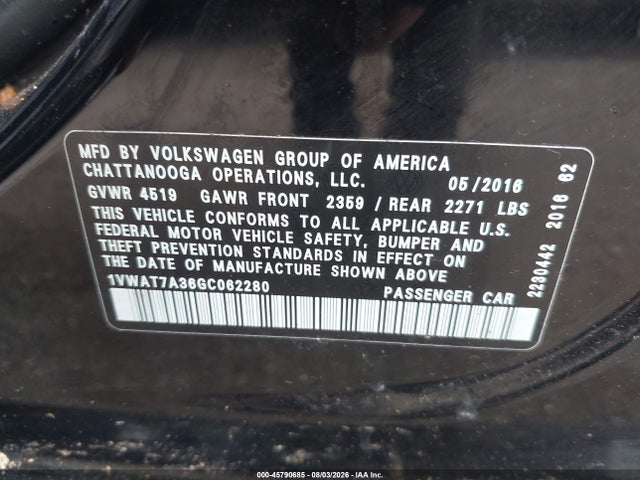 2016 Volkswagen Passat 1.8t S მანქანა იყიდება აუქციონზე, vin: 1VWAT7A36GC062280, აუქციონის ნომერი: 45790685
