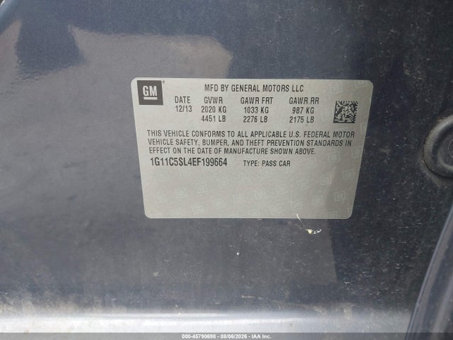 2014 Chevrolet Malibu 1lt მანქანა იყიდება აუქციონზე, vin: 1G11C5SL4EF199664, აუქციონის ნომერი: 45790698