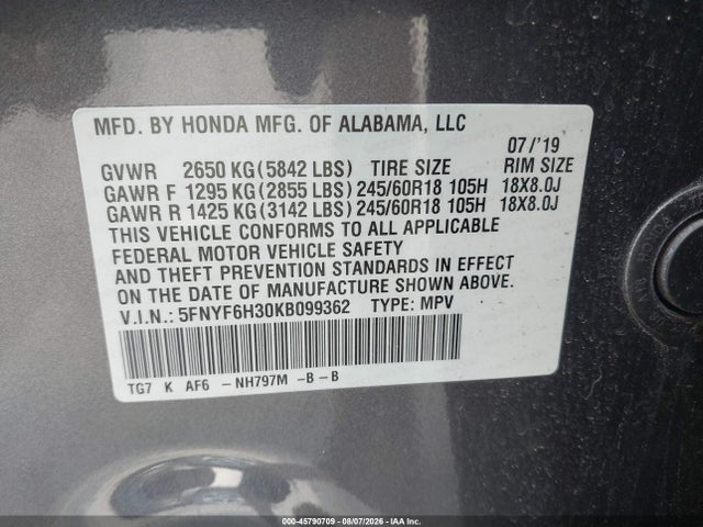 5FNYF6H30KB099362 Honda Pilot Ex