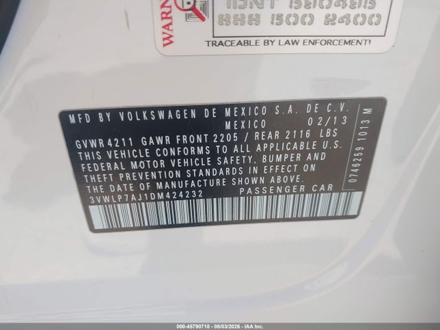 2013 Volkswagen Jetta 2.5l Sel მანქანა იყიდება აუქციონზე, vin: 3VWLP7AJ1DM424232, აუქციონის ნომერი: 45790718