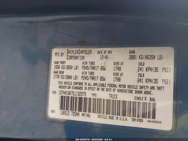 Aukcja sprzedaży 2002 Dodge Ram 1500 St, vin: 1D7HA16K72J132979, numer aukcji: 45790720