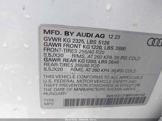 Продаж на аукціоні авто 2024 Audi Q3 Premium Plus 45 Tfsi S Line Quattro Tiptronic, vin: WA1EECF30R1081142, номер лоту: 45790722