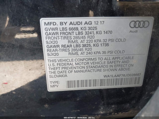 Aukcja sprzedaży 2018 Audi Q7 3.0t Premium, vin: WA1LAAF76JD028667, numer aukcji: 45790727