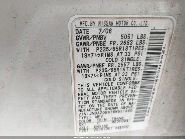 Продаж на аукціоні авто 2006 Nissan Murano Sl, vin: JN8AZ08W76W551880, номер лоту: 45790739